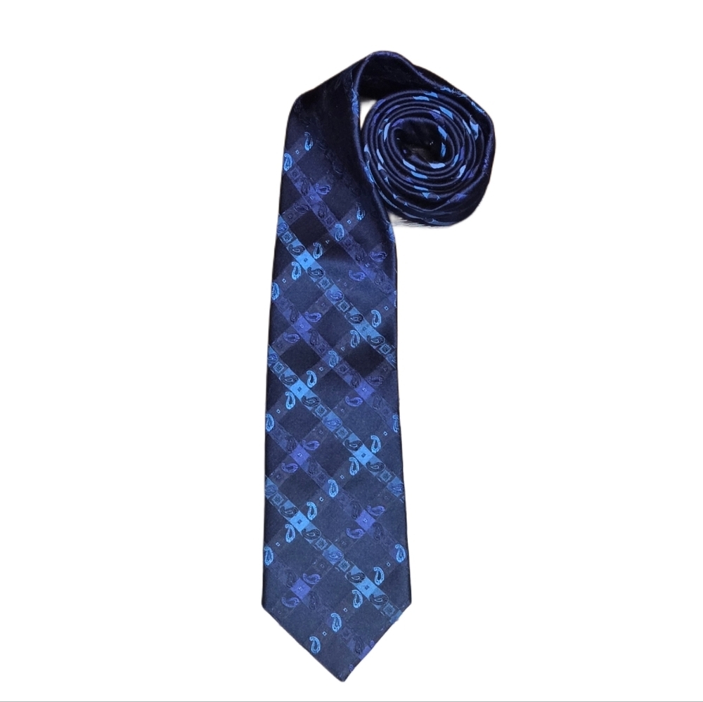 Bugatchi Made‎ in Italy Silk Tie Navy Blue Geometric Paisley Pattern 100% Silk